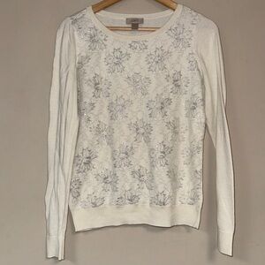 LOFT Lace Shirt Women's Large Silver Metallic Floral Long Sleeve Top Off White